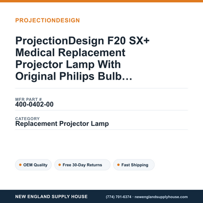 ProjectionDesign F20 SX+ Medical Replacement Projector Lamp With Original Philips Bulb and Housing — New England Supply House spec card [NESH-SPEC-CARD-V2]