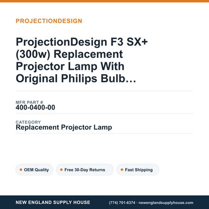 ProjectionDesign F3 SX+ (300w) Replacement Projector Lamp With Original Philips Bulb and Housing — New England Supply House spec card [NESH-SPEC-CARD-V2]