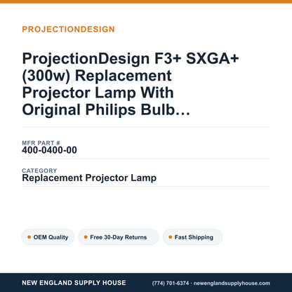 ProjectionDesign F3+ SXGA+ (300w) Replacement Projector Lamp With Original Philips Bulb and Housing — New England Supply House spec card [NESH-SPEC-CARD-V2]