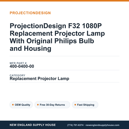ProjectionDesign F32 1080P Replacement Projector Lamp With Original Philips Bulb and Housing — New England Supply House spec card [NESH-SPEC-CARD-V2]
