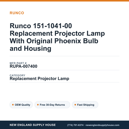 Runco 151-1041-00 Replacement Projector Lamp With Original Phoenix Bulb and Housing — New England Supply House spec card [NESH-SPEC-CARD-V2]