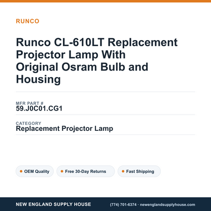 Runco CL-610LT Replacement Projector Lamp With Original Osram Bulb and Housing — New England Supply House spec card [NESH-SPEC-CARD-V2]
