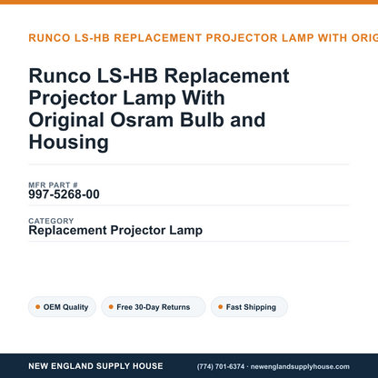 Runco LS-HB Replacement Projector Lamp With Original Osram Bulb and Housing — New England Supply House spec card [NESH-SPEC-CARD-V2]