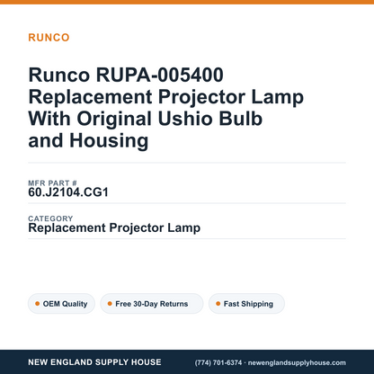 Runco RUPA-005400 Replacement Projector Lamp With Original Ushio Bulb and Housing — New England Supply House spec card [NESH-SPEC-CARD-V2]