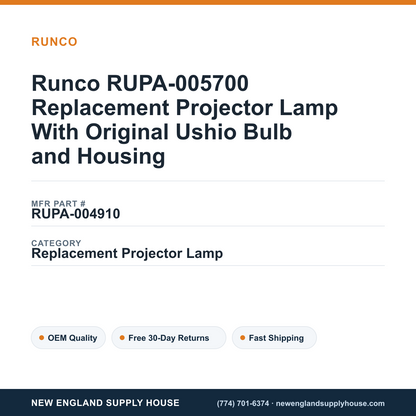 Runco RUPA-005700 Replacement Projector Lamp With Original Ushio Bulb and Housing — New England Supply House spec card [NESH-SPEC-CARD-V2]