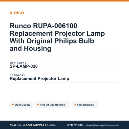 Runco RUPA-006100 Replacement Projector Lamp With Original Philips Bulb and Housing — New England Supply House spec card [NESH-SPEC-CARD-V2]