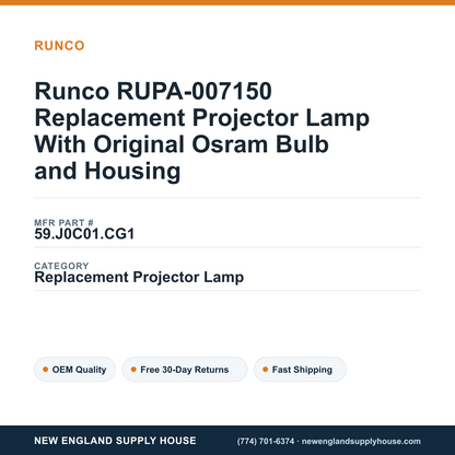 Runco RUPA-007150 Replacement Projector Lamp With Original Osram Bulb and Housing — New England Supply House spec card [NESH-SPEC-CARD-V2]
