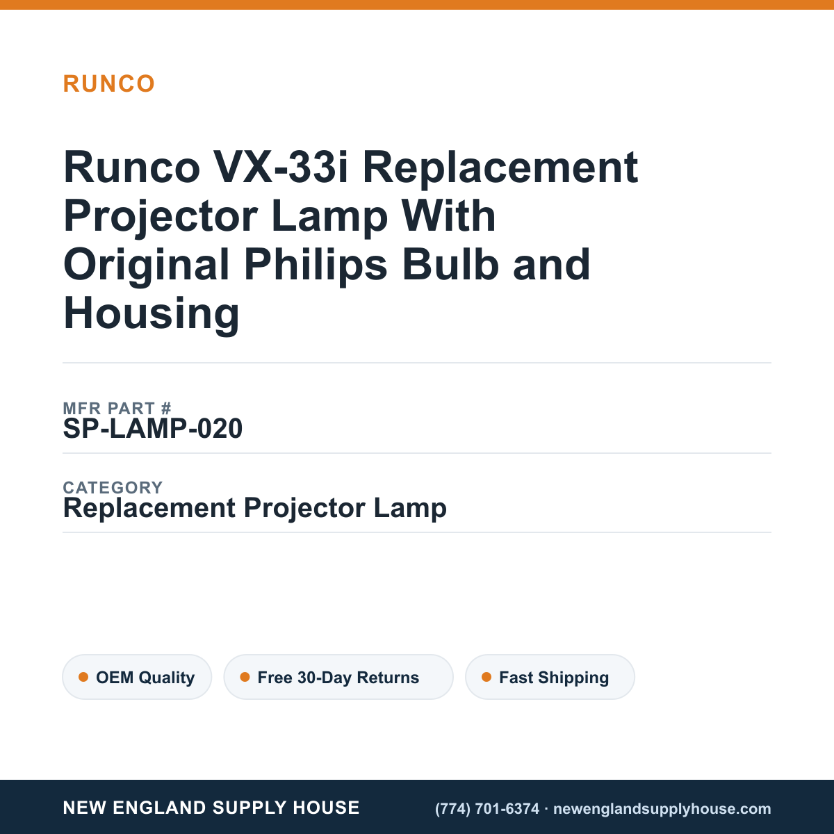 Runco VX-33i Replacement Projector Lamp With Original Philips Bulb and Housing — New England Supply House spec card [NESH-SPEC-CARD-V2]