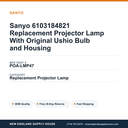 Sanyo 6103184821 Replacement Projector Lamp With Original Ushio Bulb and Housing — New England Supply House spec card [NESH-SPEC-CARD-V2]