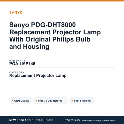 Sanyo PDG-DHT8000 Replacement Projector Lamp With Original Philips Bulb and Housing — New England Supply House spec card [NESH-SPEC-CARD-V2]