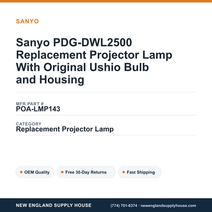 Sanyo PDG-DWL2500 Replacement Projector Lamp With Original Ushio Bulb and Housing — New England Supply House spec card [NESH-SPEC-CARD-V2]