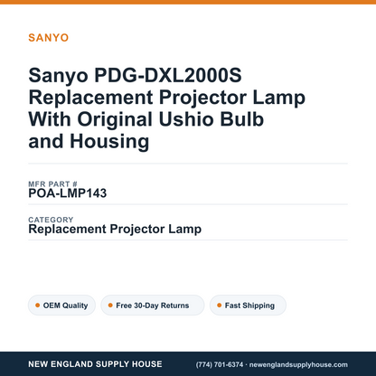 Sanyo PDG-DXL2000S Replacement Projector Lamp With Original Ushio Bulb and Housing — New England Supply House spec card [NESH-SPEC-CARD-V2]