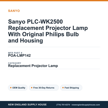 Sanyo PLC-WK2500 Replacement Projector Lamp With Original Philips Bulb and Housing — New England Supply House spec card [NESH-SPEC-CARD-V2]