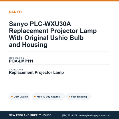 Sanyo PLC-WXU30A Replacement Projector Lamp With Original Ushio Bulb and Housing — New England Supply House spec card [NESH-SPEC-CARD-V2]