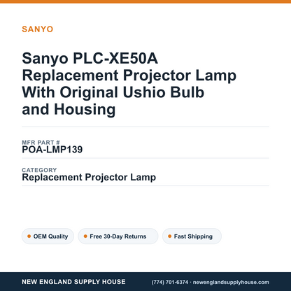Sanyo PLC-XE50A Replacement Projector Lamp With Original Ushio Bulb and Housing — New England Supply House spec card [NESH-SPEC-CARD-V2]
