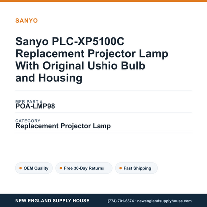 Sanyo PLC-XP5100C Replacement Projector Lamp With Original Ushio Bulb and Housing — New England Supply House spec card [NESH-SPEC-CARD-V2]