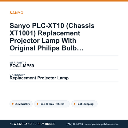 Sanyo PLC-XT10 (Chassis XT1001) Replacement Projector Lamp With Original Philips Bulb and Housing — New England Supply House spec card [NESH-SPEC-CARD-V2]