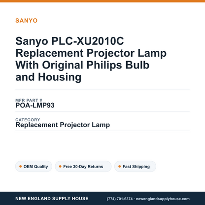Sanyo PLC-XU2010C Replacement Projector Lamp With Original Philips Bulb and Housing — New England Supply House spec card [NESH-SPEC-CARD-V2]