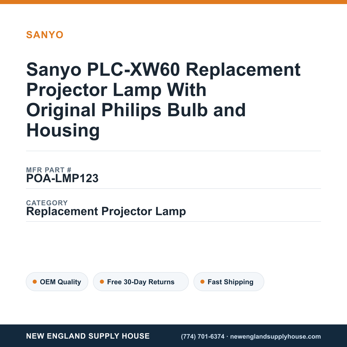 Sanyo PLC-XW60 Replacement Projector Lamp With Original Philips Bulb and Housing — New England Supply House spec card [NESH-SPEC-CARD-V2]