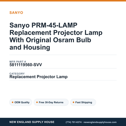 Sanyo PRM-45-LAMP Replacement Projector Lamp With Original Osram Bulb and Housing — New England Supply House spec card [NESH-SPEC-CARD-V2]