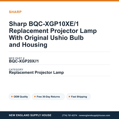 Sharp BQC-XGP10XE/1 Replacement Projector Lamp With Original Ushio Bulb and Housing — New England Supply House spec card [NESH-SPEC-CARD-V2]