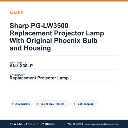 Sharp PG-LW3500 Replacement Projector Lamp With Original Phoenix Bulb and Housing — New England Supply House spec card [NESH-SPEC-CARD-V2]