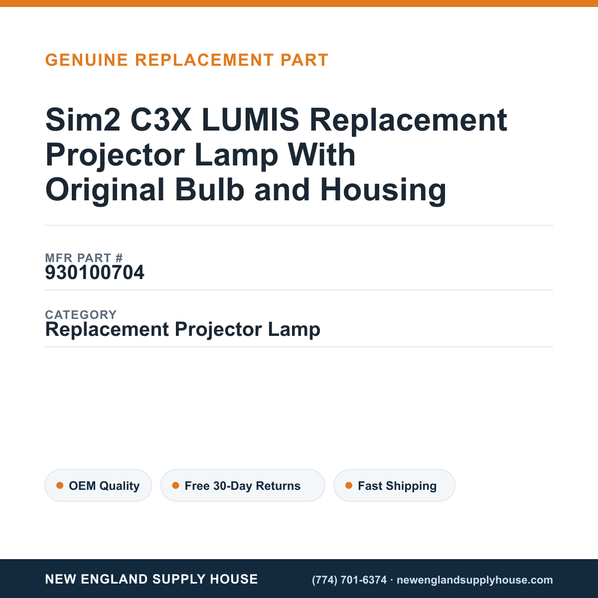 Sim2 C3X LUMIS Replacement Projector Lamp With Original Bulb and Housing — New England Supply House spec card [NESH-SPEC-CARD-V2]