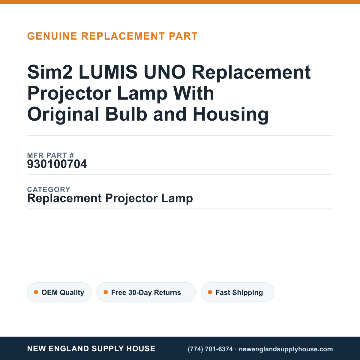 Sim2 LUMIS UNO Replacement Projector Lamp With Original Bulb and Housing — New England Supply House spec card [NESH-SPEC-CARD-V2]