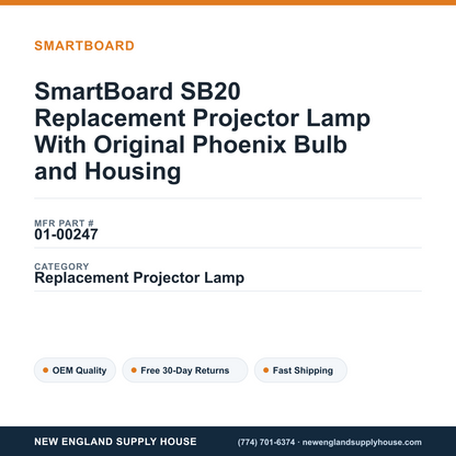 SmartBoard SB20 Replacement Projector Lamp With Original Phoenix Bulb and Housing — New England Supply House spec card [NESH-SPEC-CARD-V2]