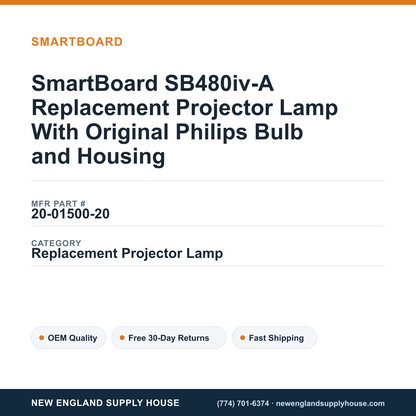 SmartBoard SB480iv-A Replacement Projector Lamp With Original Philips Bulb and Housing — New England Supply House spec card [NESH-SPEC-CARD-V2]