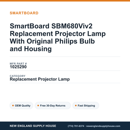 SmartBoard SBM680Viv2 Replacement Projector Lamp With Original Philips Bulb and Housing — New England Supply House spec card [NESH-SPEC-CARD-V2]
