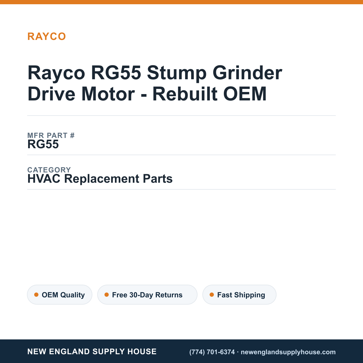 Rayco RG55 Stump Grinder Drive Motor - Rebuilt OEM — New England Supply House spec card [NESH-SPEC-CARD-V2]