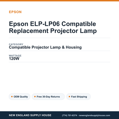 Epson ELP-LP06 Compatible Replacement Projector Lamp specifications - New England Supply House spec card [NESH-SPEC-CARD-V2]