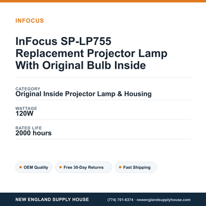 InFocus SP-LP755 Replacement Projector Lamp With Original Bulb Inside specifications - New England Supply House spec card [NESH-SPEC-CARD-V2]
