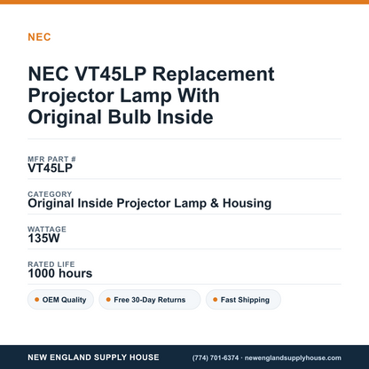NEC VT45LP Replacement Projector Lamp With Original Bulb Inside specifications - New England Supply House spec card [NESH-SPEC-CARD-V2]