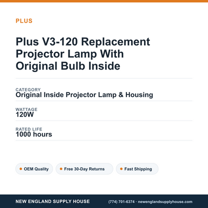 Plus V3-120 Replacement Projector Lamp With Original Bulb Inside specifications - New England Supply House spec card [NESH-SPEC-CARD-V2]