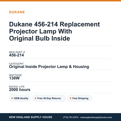 Dukane 456-214 Replacement Projector Lamp With Original Bulb Inside specifications - New England Supply House spec card [NESH-SPEC-CARD-V2]