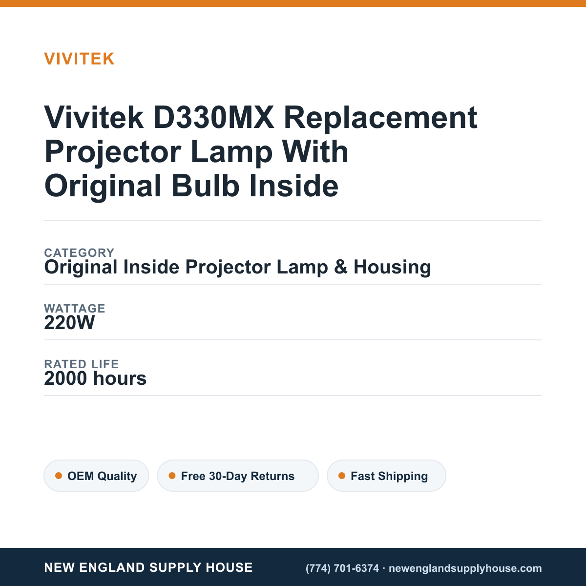 Vivitek D330MX Replacement Projector Lamp With Original Bulb Inside specifications - New England Supply House spec card [NESH-SPEC-CARD-V2]