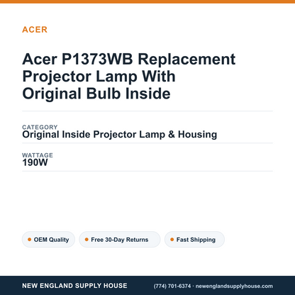 Acer P1373WB Replacement Projector Lamp With Original Bulb Inside specifications - New England Supply House spec card [NESH-SPEC-CARD-V2]
