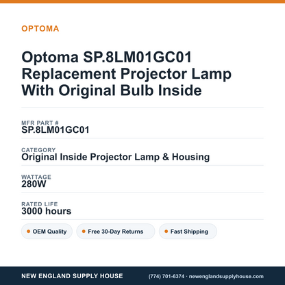 Optoma SP.8LM01GC01 Replacement Projector Lamp With Original Bulb Inside specifications - New England Supply House spec card [NESH-SPEC-CARD-V2]