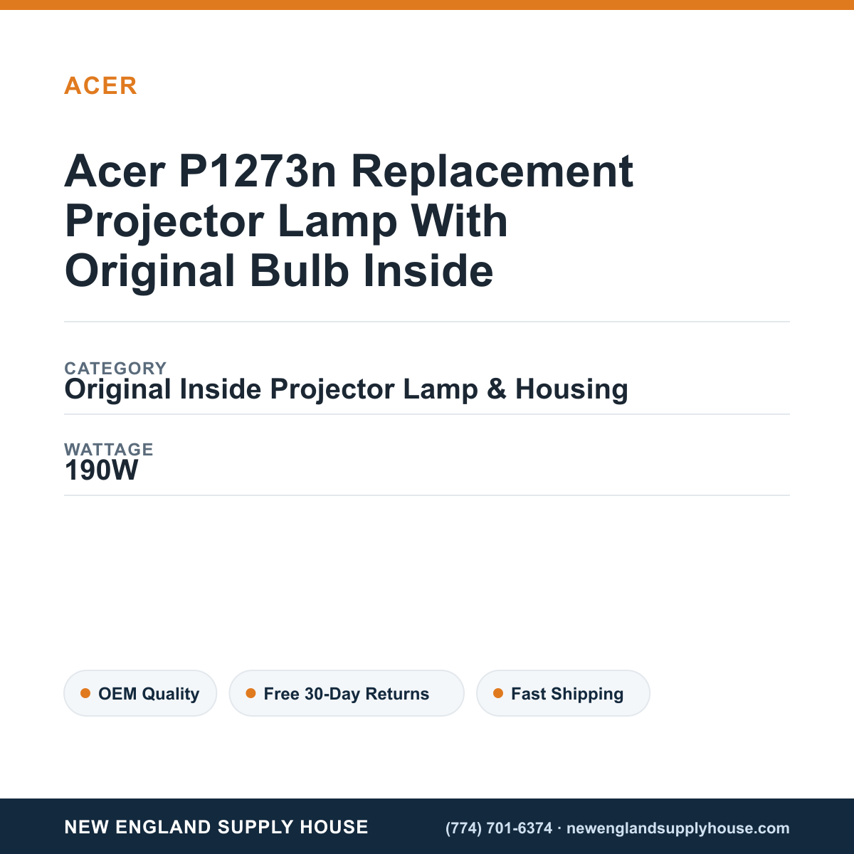 Acer P1273n Replacement Projector Lamp With Original Bulb Inside specifications - New England Supply House spec card [NESH-SPEC-CARD-V2]