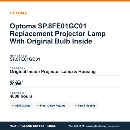 Optoma SP.8FE01GC01 Replacement Projector Lamp With Original Bulb Inside specifications - New England Supply House spec card [NESH-SPEC-CARD-V2]