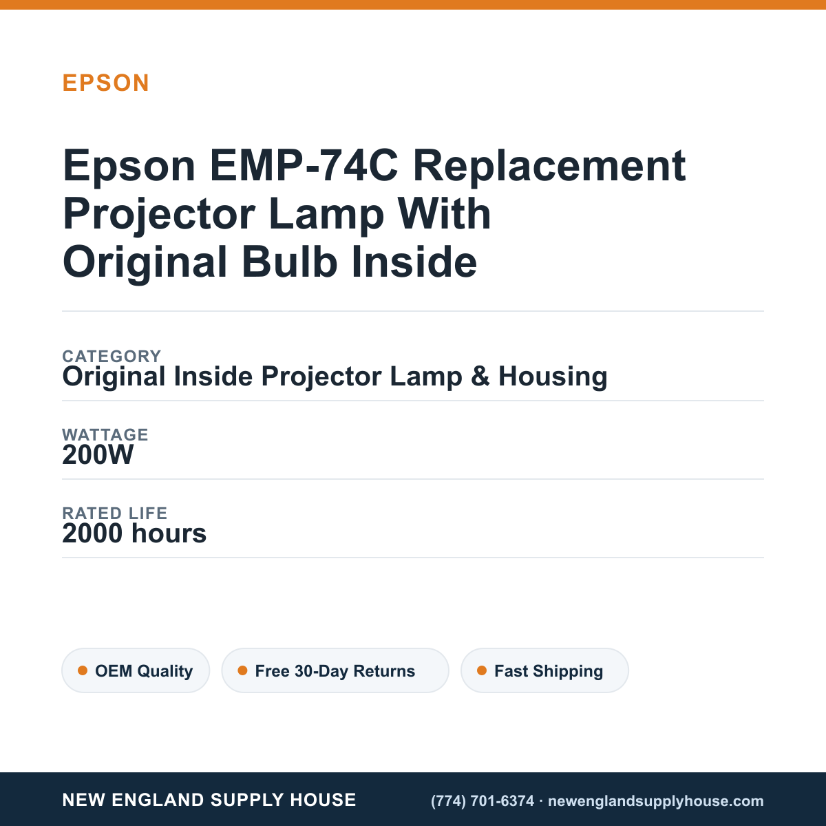 Epson EMP-74C Replacement Projector Lamp With Original Bulb Inside specifications - New England Supply House spec card [NESH-SPEC-CARD-V2]
