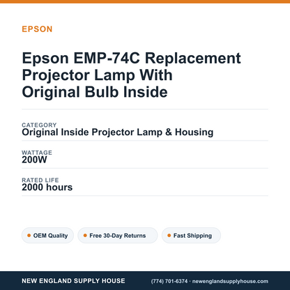 Epson EMP-74C Replacement Projector Lamp With Original Bulb Inside specifications - New England Supply House spec card [NESH-SPEC-CARD-V2]