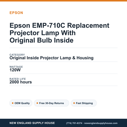 Epson EMP-710C Replacement Projector Lamp With Original Bulb Inside specifications - New England Supply House spec card [NESH-SPEC-CARD-V2]