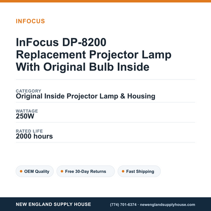 InFocus DP-8200 Replacement Projector Lamp With Original Bulb Inside specifications - New England Supply House spec card [NESH-SPEC-CARD-V2]