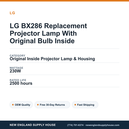 LG BX286 Replacement Projector Lamp With Original Bulb Inside specifications - New England Supply House spec card [NESH-SPEC-CARD-V2]
