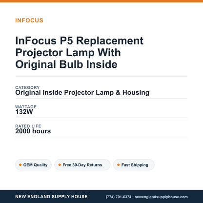 InFocus P5 Replacement Projector Lamp With Original Bulb Inside specifications - New England Supply House spec card [NESH-SPEC-CARD-V2]