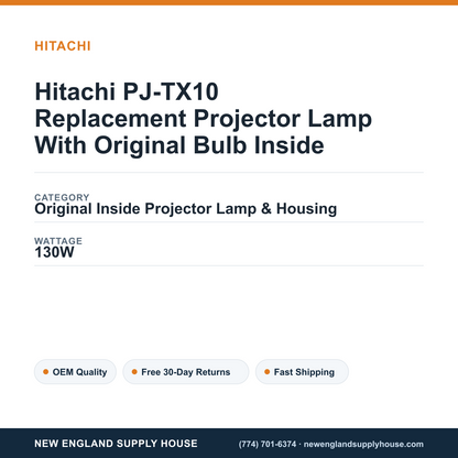 Hitachi PJ-TX10 Replacement Projector Lamp With Original Bulb Inside specifications - New England Supply House spec card [NESH-SPEC-CARD-V2]