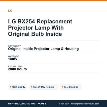 LG BX254 Replacement Projector Lamp With Original Bulb Inside specifications - New England Supply House spec card [NESH-SPEC-CARD-V2]